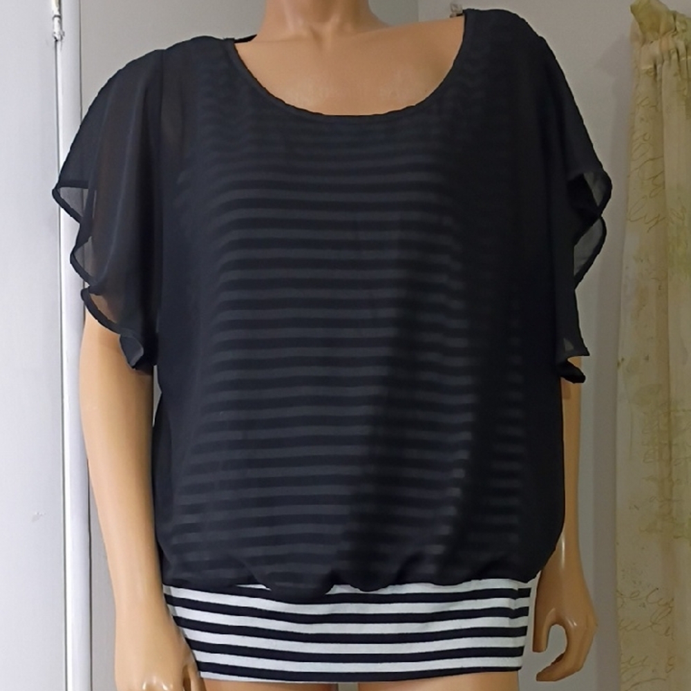 NY Collection Black Sheer‎ Striped Blouse